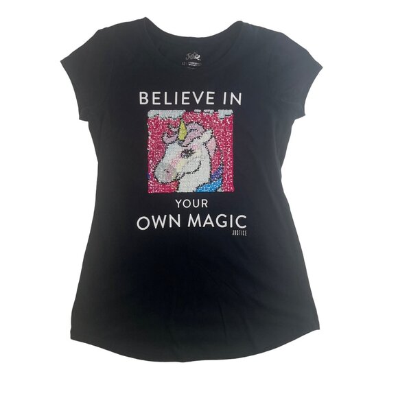 Justice Tshirt Girls Size 12 Black Reversible Sequin Unicorn & Rainbow - Picture 2 of 9
